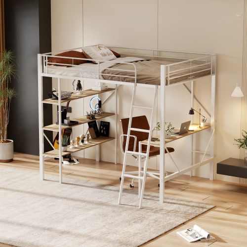 Lit Mezzanine 90x200 Cm, Lit Enfant En Fer Avec Bureau Et Trois Grandes Étagères, Blanc