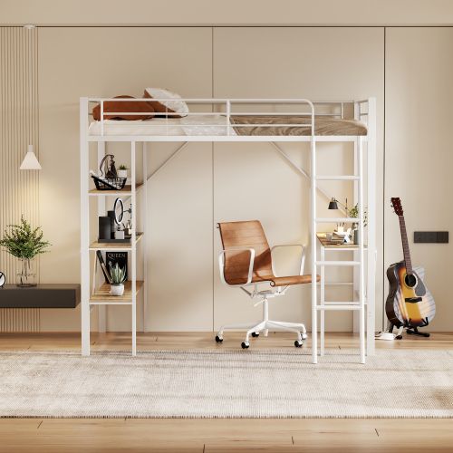 Lit Mezzanine 90x200 Cm, Lit Enfant En Fer Avec Bureau Et Trois Grandes Étagères, Blanc