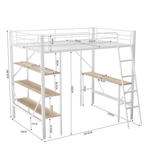 Lit Mezzanine 90x200 Cm, Lit Enfant En Fer Avec Bureau Et Trois Grandes Étagères, Blanc