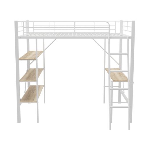 Lit Mezzanine 90x200 Cm, Lit Enfant En Fer Avec Bureau Et Trois Grandes Étagères, Blanc