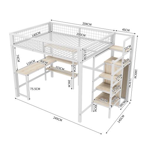 Lit Mezzanine 140x200 Cm, Lit Adulte En Fer, Échelle De Rangement, Armoire Intégrée, Blanc