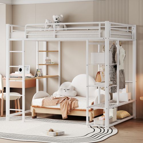 Lit Mezzanine 140x200 Cm, Lit Adulte Avec Cintres Simples Avec Compartiments De Rangement, Blanc