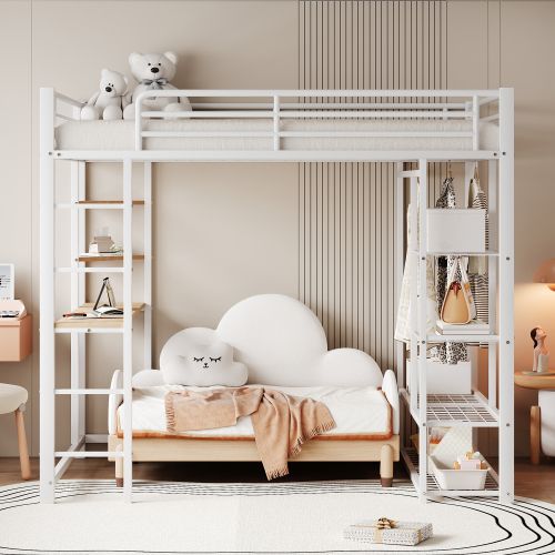 Lit Mezzanine 140x200 Cm, Lit Adulte Avec Cintres Simples Avec Compartiments De Rangement, Blanc
