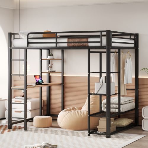 Lit Mezzanine 140x200 Cm, Lit Adulte Avec Cintres Simples Avec Compartiments De Rangement, Noir