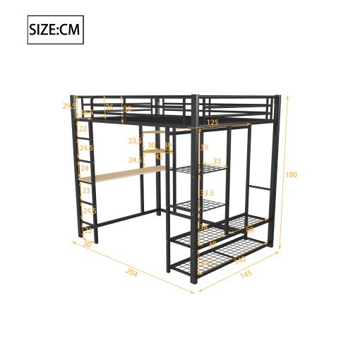 Lit Mezzanine 140x200 Cm, Lit Adulte Avec Cintres Simples Avec Compartiments De Rangement, Noir