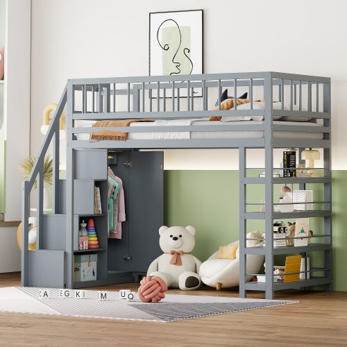 Lit Mezzanine 90x200 Cm, Lit Enfant En Bois, Avec Étagères Et Espace De Rangement, Gris