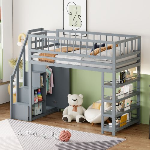 Lit Mezzanine 90x200 Cm, Lit Enfant En Bois, Avec Étagères Et Espace De Rangement, Gris