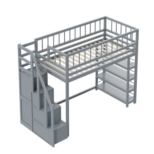 Lit Mezzanine 90x200 Cm, Lit Enfant En Bois, Avec Étagères Et Espace De Rangement, Gris