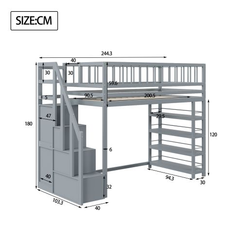 Lit Mezzanine 90x200 Cm, Lit Enfant En Bois, Avec Étagères Et Espace De Rangement, Gris