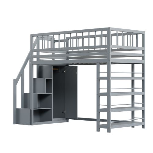Lit Mezzanine 90x200 Cm, Lit Enfant En Bois, Avec Étagères Et Espace De Rangement, Gris