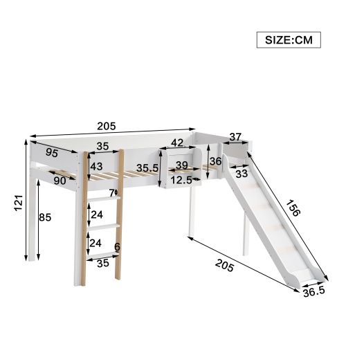 Lit Mezzanine 90x200 Cm, Lit Enfant Avec Échelle Droite, Avec Toboggan, Blanc Et Naturel