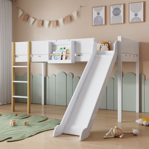 Lit Mezzanine 90x200 Cm, Lit Enfant Avec Échelle Droite, Avec Toboggan, Blanc Et Naturel
