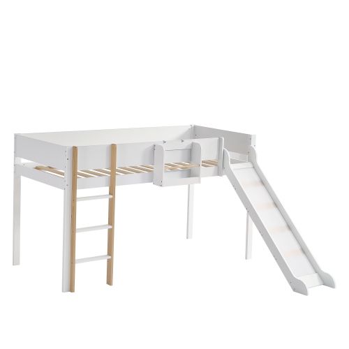 Lit Mezzanine 90x200 Cm, Lit Enfant Avec Échelle Droite, Avec Toboggan, Blanc Et Naturel