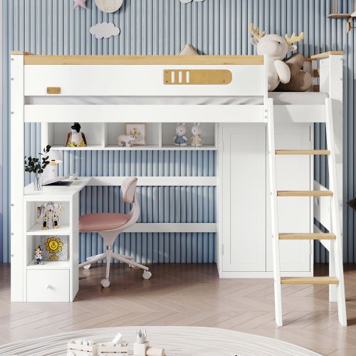Lit Mezzanine 90x200 Cm, Lit Enfant Avec Table Et Armoire, Étagère Ouverte, Blanc Et Naturel