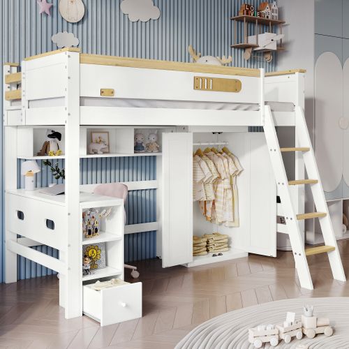 Lit Mezzanine 90x200 Cm, Lit Enfant Avec Table Et Armoire, Étagère Ouverte, Blanc Et Naturel