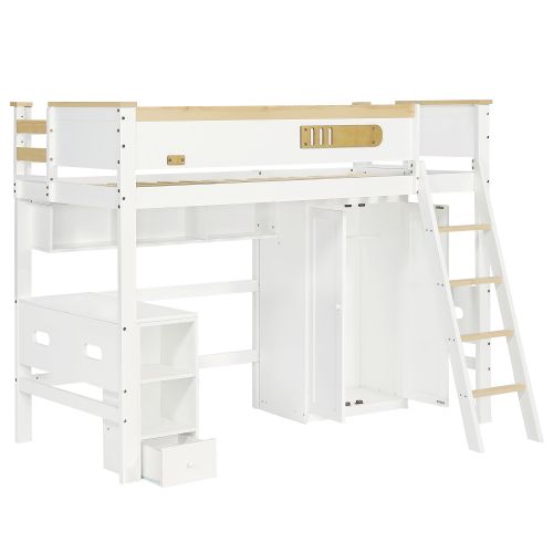 Lit Mezzanine 90x200 Cm, Lit Enfant Avec Table Et Armoire, Étagère Ouverte, Blanc Et Naturel