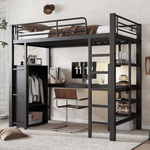 Lit Mezzanine 90x200 Cm, Lit Enfant En Fer, Avec Table Et Armoire, Compartiments De Rangement, Noir