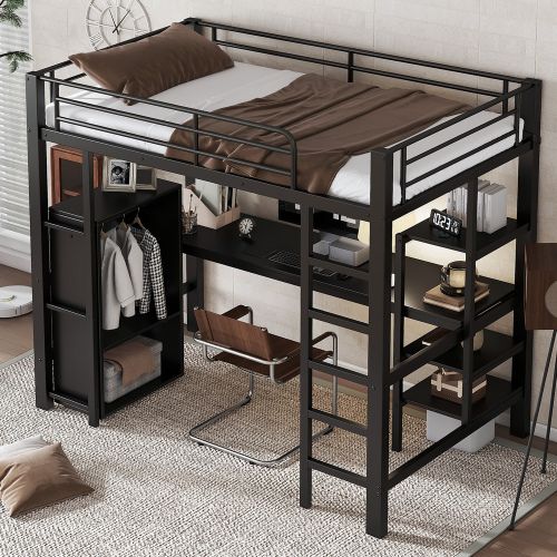 Lit Mezzanine 90x200 Cm, Lit Enfant En Fer, Avec Table Et Armoire, Compartiments De Rangement, Noir