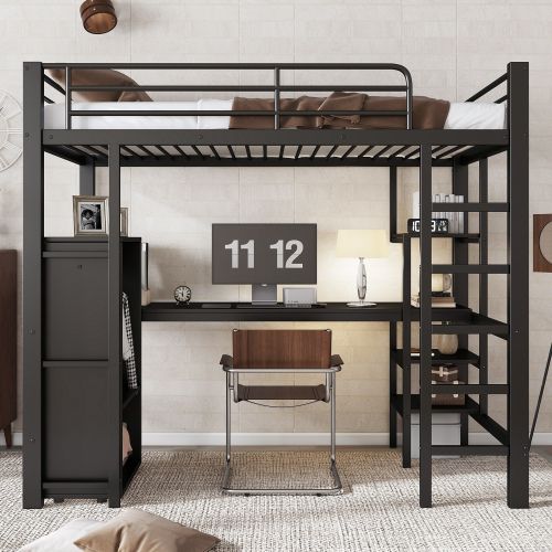Lit Mezzanine 90x200 Cm, Lit Enfant En Fer, Avec Table Et Armoire, Compartiments De Rangement, Noir