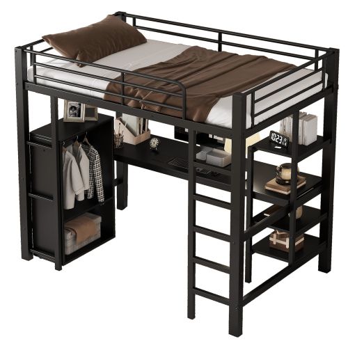 Lit Mezzanine 90x200 Cm, Lit Enfant En Fer, Avec Table Et Armoire, Compartiments De Rangement, Noir