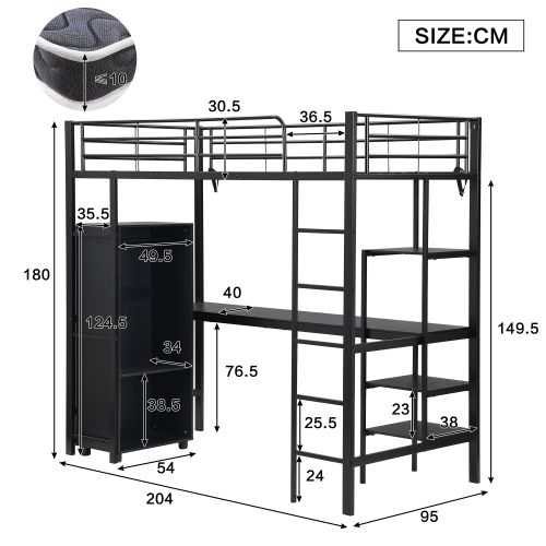 Lit Mezzanine 90x200 Cm, Lit Enfant En Fer, Avec Table Et Armoire, Compartiments De Rangement, Noir