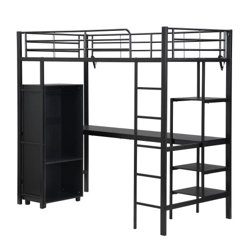 Lit Mezzanine 90x200 Cm, Lit Enfant En Fer, Avec Table Et Armoire, Compartiments De Rangement, Noir