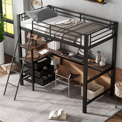 Lit Mezzanine 90x200 Cm, Lit Enfant Avec Trois Tiroirs, Table, Échelle, Noir Et Noyer Foncé