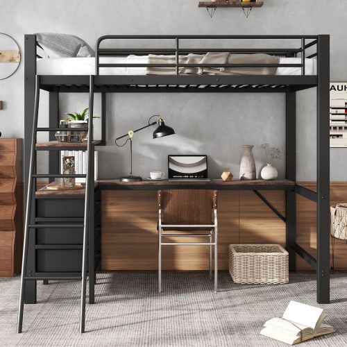 Lit Mezzanine 90x200 Cm, Lit Enfant Avec Trois Tiroirs, Table, Échelle, Noir Et Noyer Foncé