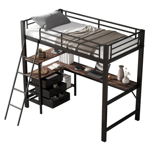 Lit Mezzanine 90x200 Cm, Lit Enfant Avec Trois Tiroirs, Table, Échelle, Noir Et Noyer Foncé