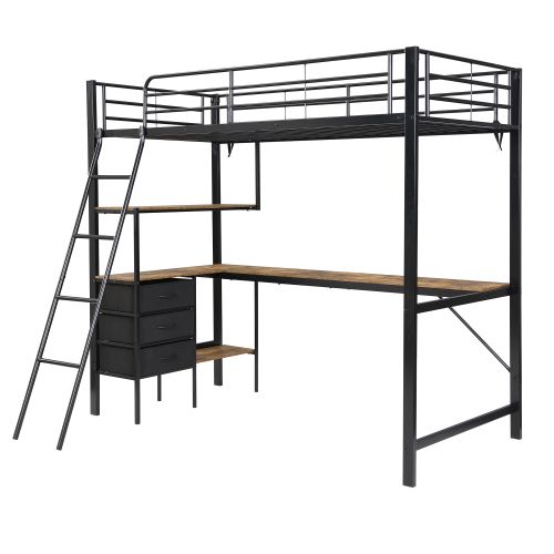 Lit Mezzanine 90x200 Cm, Lit Enfant Avec Trois Tiroirs, Table, Échelle, Noir Et Noyer Foncé
