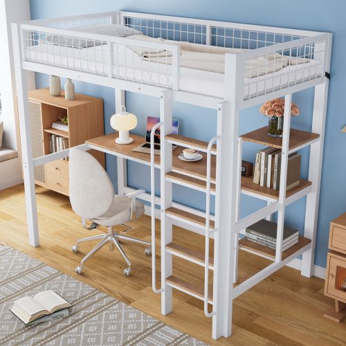 Lit Mezzanine 90x200 Cm, Lit Enfant Avec Table Et Étagères, Avec Échelle, Blanc Et Naturel