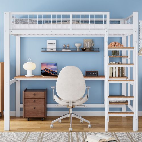 Lit Mezzanine 90x200 Cm, Lit Enfant Avec Table Et Étagères, Avec Échelle, Blanc Et Naturel