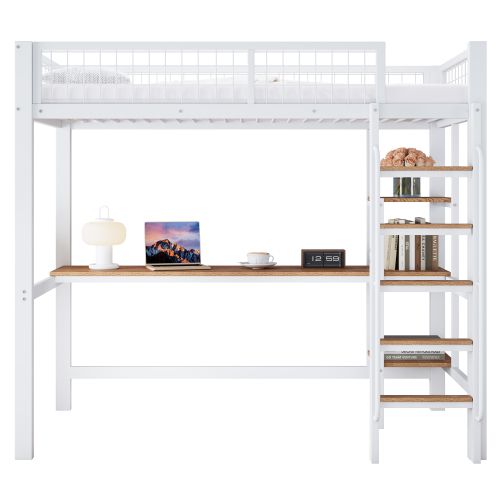 Lit Mezzanine 90x200 Cm, Lit Enfant Avec Table Et Étagères, Avec Échelle, Blanc Et Naturel