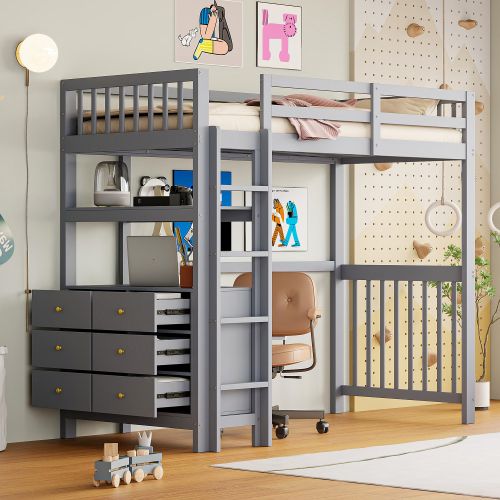 Lit Mezzanine 90x200 Cm, Lit Enfant En Pin, Avec Échelle De Sécurité, Tiroirs Et Étagères, Gris