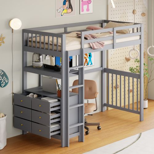 Lit Mezzanine 90x200 Cm, Lit Enfant En Pin, Avec Échelle De Sécurité, Tiroirs Et Étagères, Gris