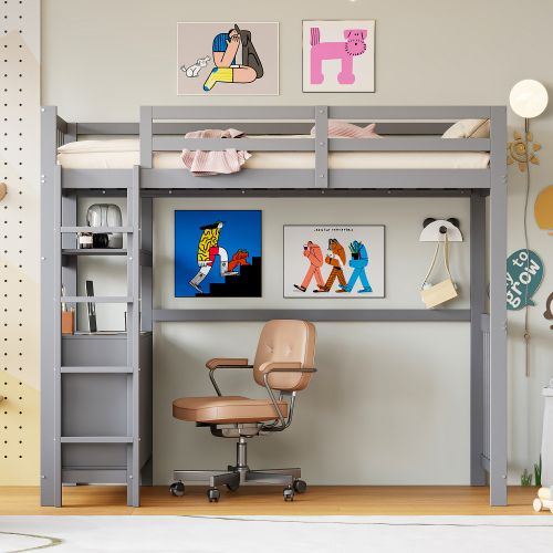 Lit Mezzanine 90x200 Cm, Lit Enfant En Pin, Avec Échelle De Sécurité, Tiroirs Et Étagères, Gris