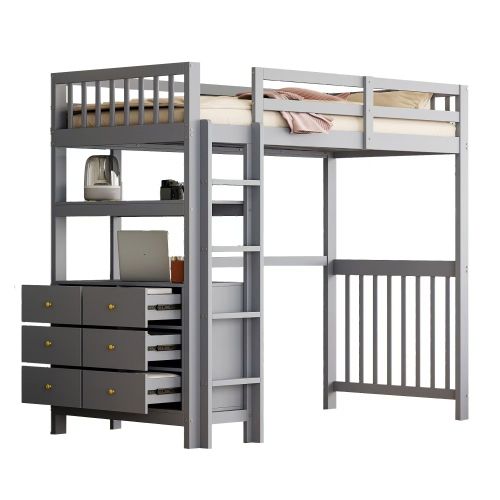 Lit Mezzanine 90x200 Cm, Lit Enfant En Pin, Avec Échelle De Sécurité, Tiroirs Et Étagères, Gris