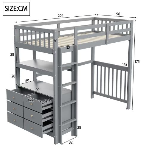 Lit Mezzanine 90x200 Cm, Lit Enfant En Pin, Avec Échelle De Sécurité, Tiroirs Et Étagères, Gris