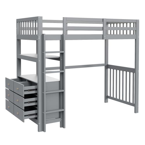 Lit Mezzanine 90x200 Cm, Lit Enfant En Pin, Avec Échelle De Sécurité, Tiroirs Et Étagères, Gris