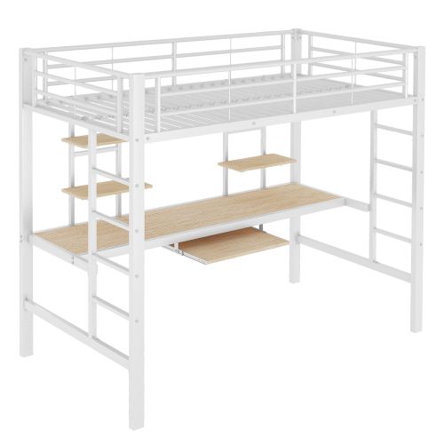 Lit Mezzanine 90x200 Cm, Lit Enfant En Fer, Avec Bureau Et Deux Étagères, Blanc