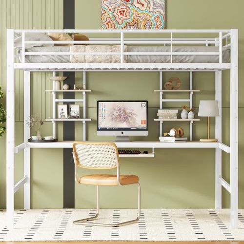 Lit Mezzanine 140x200 Cm, Lit Adulte En Fer, Avec Bureau Et Deux Étagères, Blanc