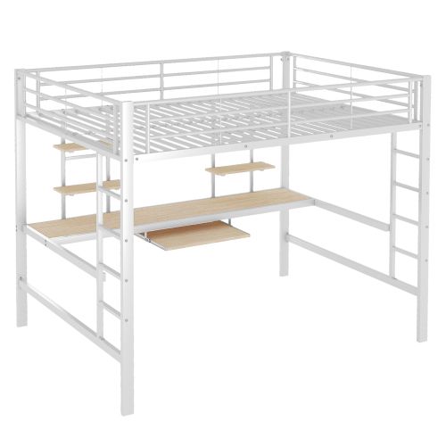 Lit Mezzanine 140x200 Cm, Lit Adulte En Fer, Avec Bureau Et Deux Étagères, Blanc