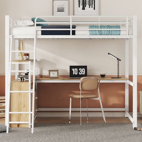 Lit Mezzanine 140x200 Cm, Lit Adulte En Fer, Avec Tiroirs Pratiques, Bureau Élégant En L, Blanc
