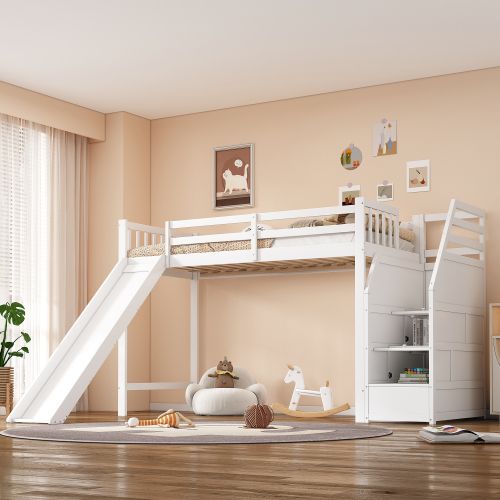 Lit Mezzanine 90x200 Cm, Lit Enfant, Avec Toboggan, Échelle De Rangement, Blanc