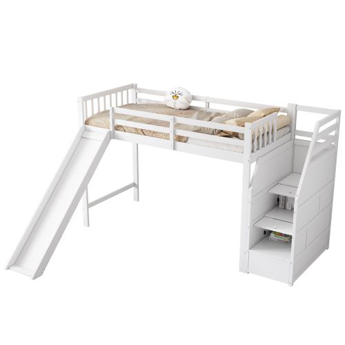 Lit Mezzanine 90x200 Cm, Lit Enfant, Avec Toboggan, Échelle De Rangement, Blanc