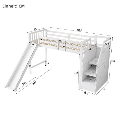 Lit Mezzanine 90x200 Cm, Lit Enfant, Avec Toboggan, Échelle De Rangement, Blanc