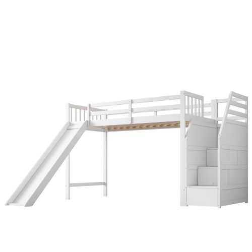 Lit Mezzanine 90x200 Cm, Lit Enfant, Avec Toboggan, Échelle De Rangement, Blanc