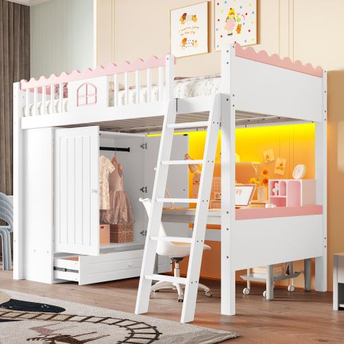 Lit Mezzanine 90x200 Cm, Lit Enfant Avec Éclairage LED, Avec Armoire, Tiroir De Rangement, Blanc