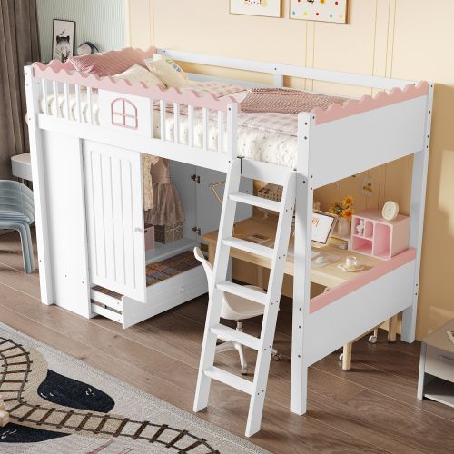 Lit Mezzanine 90x200 Cm, Lit Enfant Avec Éclairage LED, Avec Armoire, Tiroir De Rangement, Blanc