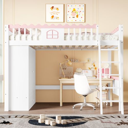 Lit Mezzanine 90x200 Cm, Lit Enfant Avec Éclairage LED, Avec Armoire, Tiroir De Rangement, Blanc